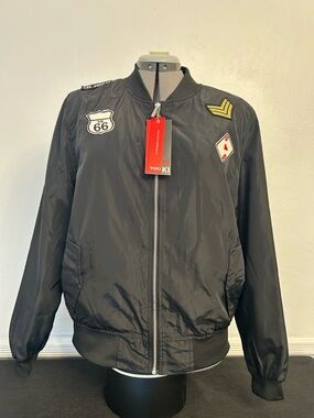 Yoki Black Bomber Jacket with Patch Accents